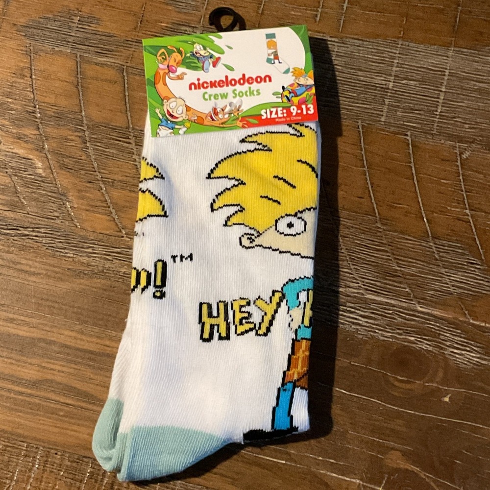 NEW Nickelodeon Hey Arnold Mens Crew Socks 9-13 White Blue 90s Cartoon Retro
